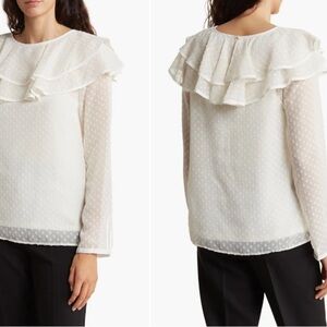 Vertigo Paris Long Sleeve Ruffle Neck Top Size XL Dot Accent Coquette NWT